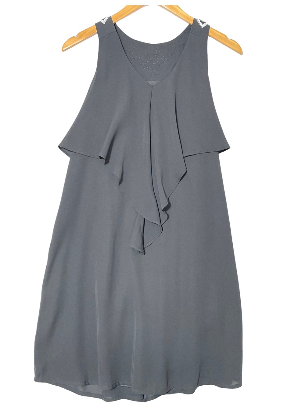 Ya Los Angeles Women’s Small Black Beaded Neck Sleeveless Ruffle Shift Dress NWT